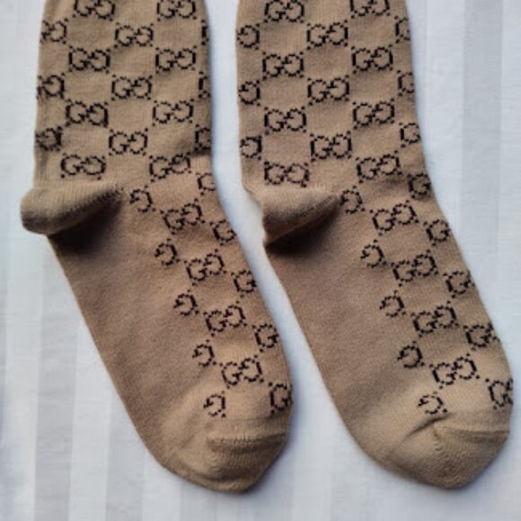 GUCCI | Web Stripe Camel Brown GG Logo Jacquard Knit Calf Socks Unisex Pre-Owned - Picture 5 of 11